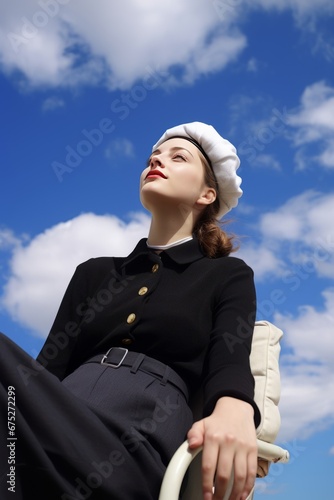 stylish beautiful attractive adult female model woman in retro dress clothfashion photoshoot sit on chair outdoor pose againt blue sky background photo