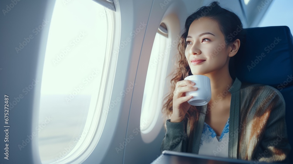 Happy asian female passenger drinking coffee and smiling looking at window view while female flight attendant serving lunch on board. Travel, service, transportation, airplane concept - obrazy, fototapety, plakaty 