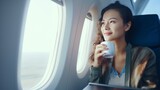 Happy asian female passenger drinking coffee and smiling looking at window view while female flight attendant serving lunch on board. Travel, service, transportation, airplane concept