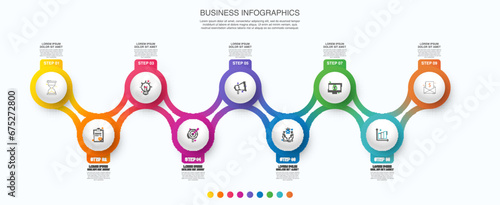 Vector timeline infographics template with nine circles and options. Blank space for web, infographic, diagram, business, digital network, flowchart, presentations