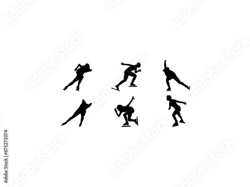 Set of Women Speed Skaters Silhouette in various poses isolated on white background
