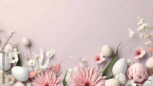 Trendy realistic Easter greeting card banner with flowers.
