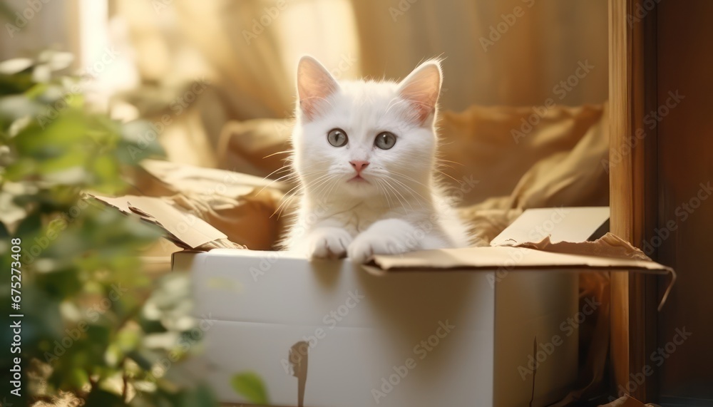 cute white cat sneaking in a box 