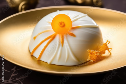 Luxury, fine white chocolate with orange on a plate close up