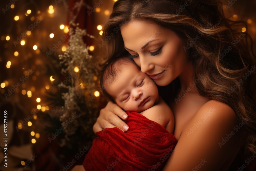 A heartwarming scene of a mother holding her sleeping baby amidst a beautifully decorated Christmas setting