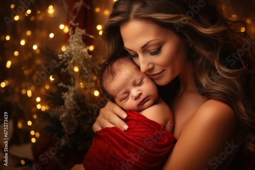 A heartwarming scene of a mother holding her sleeping baby amidst a beautifully decorated Christmas setting