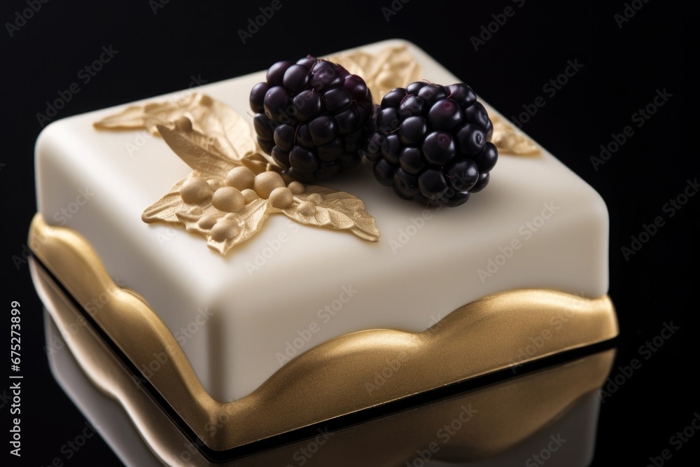 Luxury, fine white chocolate with blackberry on a plate close up Luxury, fine white chocolate with blackberry on a plate close up