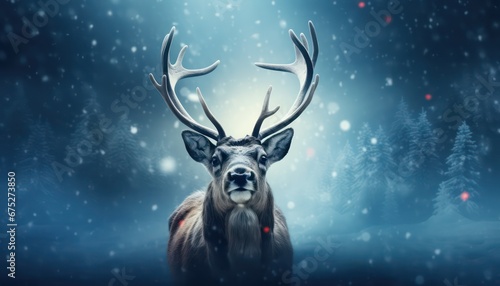 christmas deer in the night looking forward in snowy night of christmas 