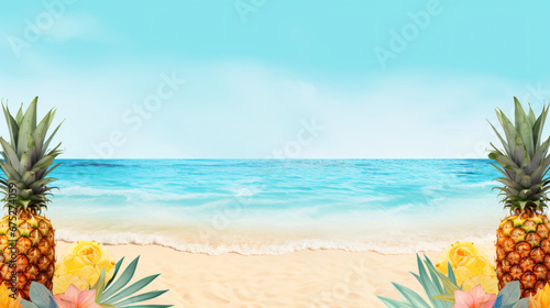 Tropical fruits background with pineapple beach.