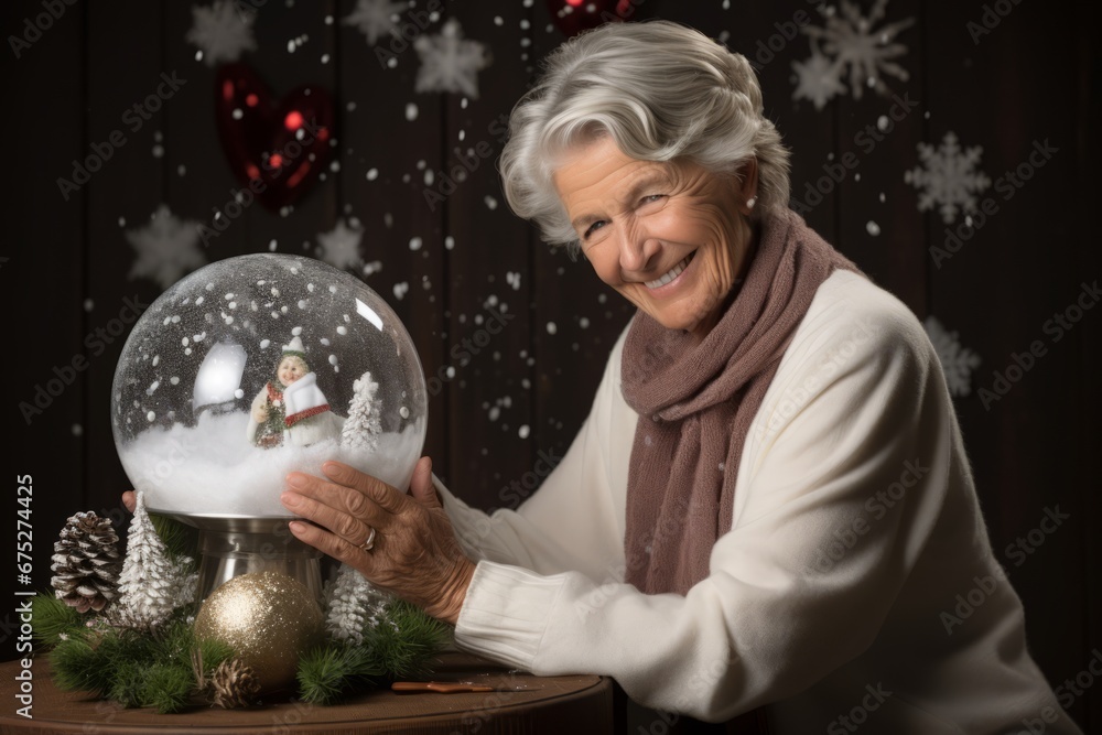 Naklejka premium A nostalgic elderly lady holding a cherished snow globe amidst a dreamy white Christmas studio setup