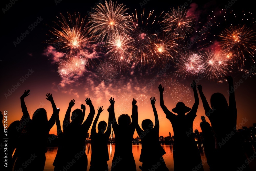 An Enthralling Scene of a Crowd's Silhouette Celebrating New Year's Eve with a Colorful Fireworks Show An Enthralling Scene of a Crowd's Silhouette Celebrating New Year's Eve with a Colorful Fireworks Show