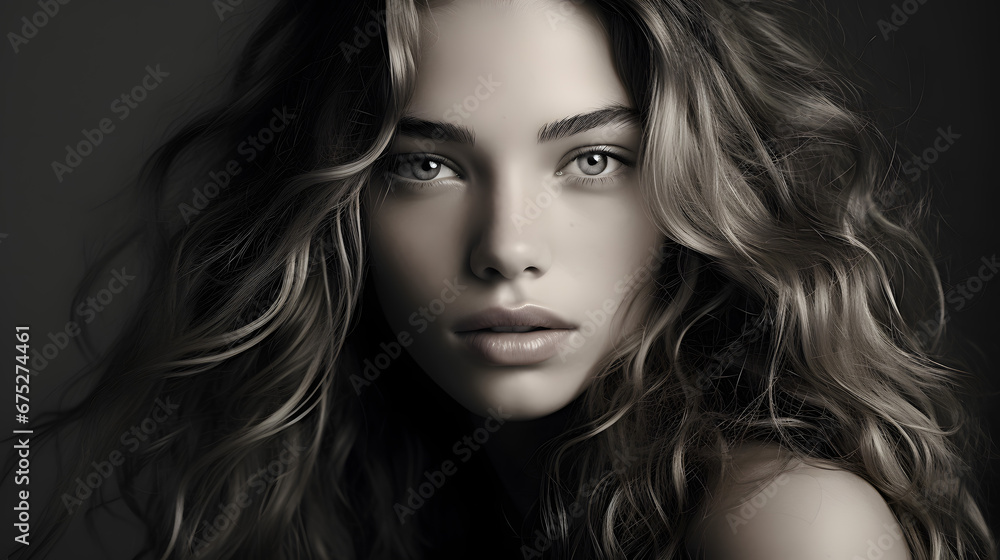 Monochrome Portrait of a Young Woman with Curly Hair Monochrome Portrait of a Young Woman with Curly Hair
