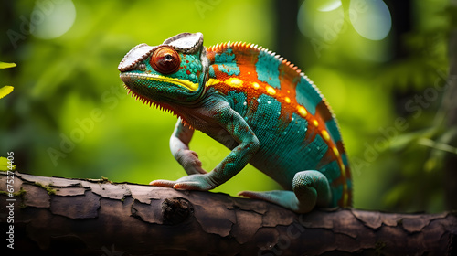 Colorful Chameleon on a Forest Branch 