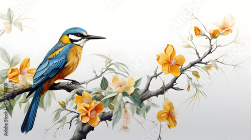 Kingfisher Bird Perched on Blossoming Branch in Traditional Art Style © John