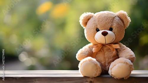 Warm Sunlight on Plush Teddy Bear Sitting on Window Ledge with Nature Background