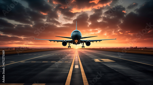 Airplane on the runway, front view. View of a landing plane from the runway. Airplanes fly along the runway. Evening