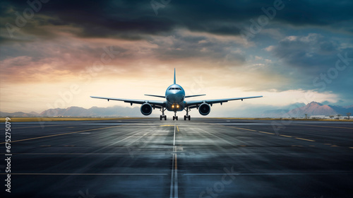 Airplane on the runway, front view. View of a landing plane from the runway. Airplanes fly along the runway. Evening