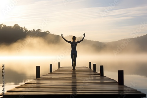 Young woman meditating on a wooden pier on the edge of a lake to improve focus. Woman in a doing yoga on a serene lakeside dock. Yoga  sport  leisure  recreation and freedom.