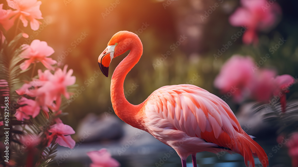 Fototapeta premium Elegant Flamingo Among Pink Blossoms