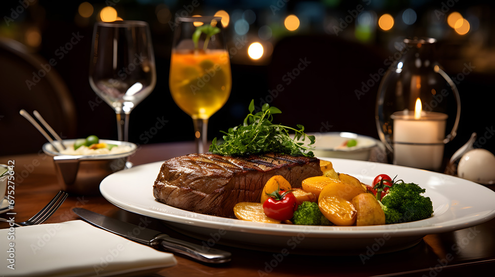 Gourmet Steak Dinner with Vegetables and Fine Wine in Elegant Setting