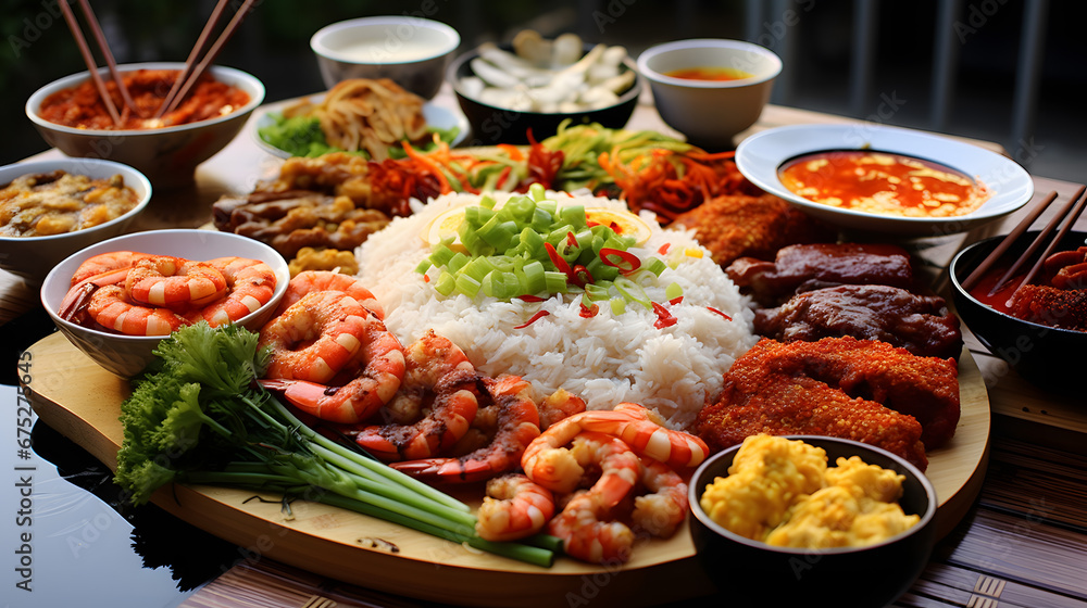 Assorted Asian Cuisine Dishes with Rice, Shrimp, and Vegetables