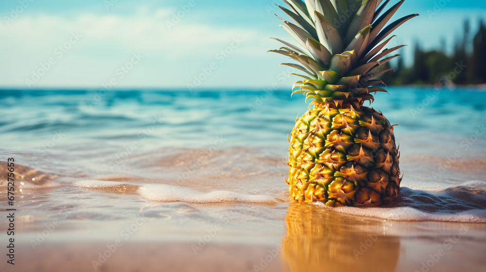 Tropical Pineapple on a Sandy Beach with Waves in the Background Tropical Pineapple on a Sandy Beach with Waves in the Background