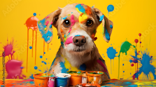 Dog with Splattered Paint on Yellow Background