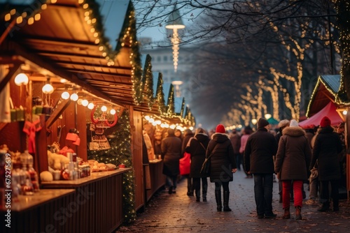 Festive outdoor Christmas market scene with people enjoying warm beverages under a canopy of lights