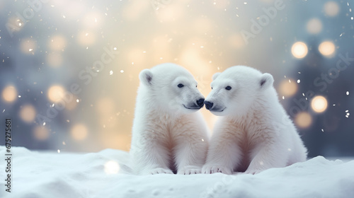 Two polar bears sitting on snow and looking at each other. Winter background
