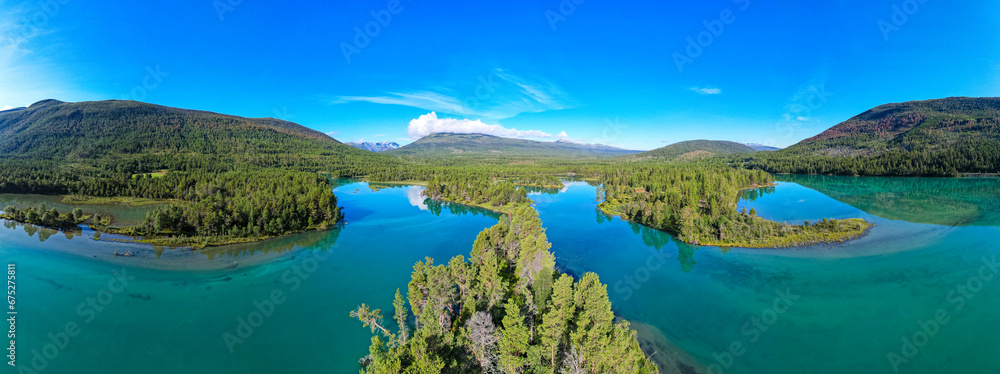 Glacier fed crystal clear lakes of Norway as seen from above	