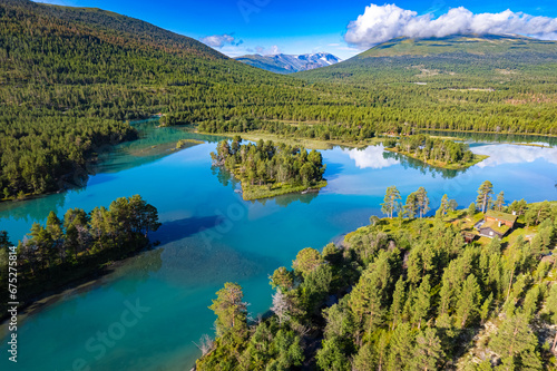 Glacier fed crystal clear lakes of Norway as seen from above 