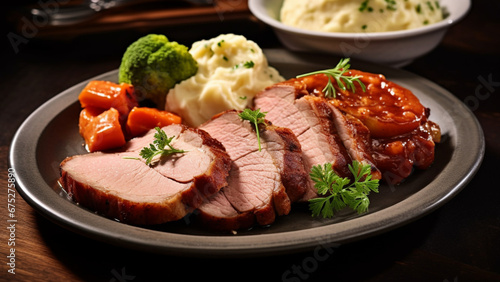 Food photography Bavarian roast pork with crust and beer sauce is self-contained, no side dishes, just roast pork with sauce on a plate