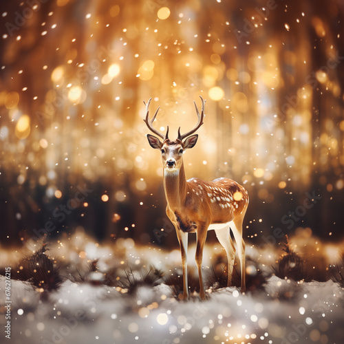  Deer in a winter forest with falling snow and bokeh. Christmas and New Year concept.  © Анастасия Козырева
