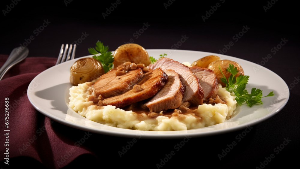 Food photography, Bavarian roast pork with rind and beer sauce, alone, without side dish Food photography, Bavarian roast pork with rind and beer sauce, alone, without side dish