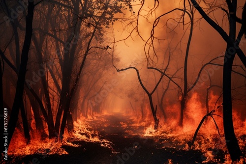 a photo of a devastating blaze consuming a dense woodland. Generative AI