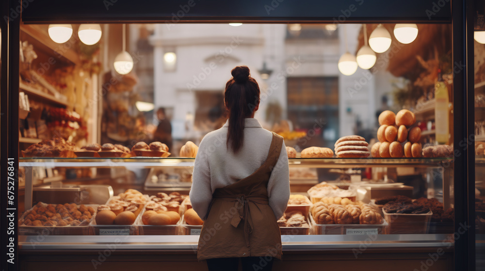 Young female pastry standing in front of her small bakery shop.