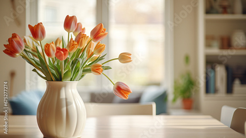 Vase with tulips on dining table in room interior.
