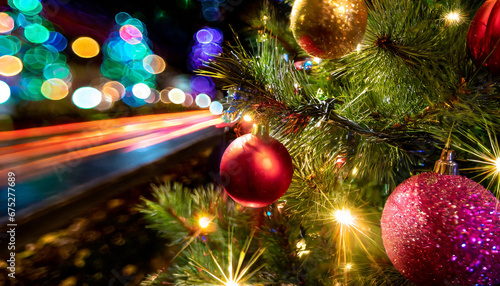 Fête de Noël décoration avec boules et éclairages de nuit