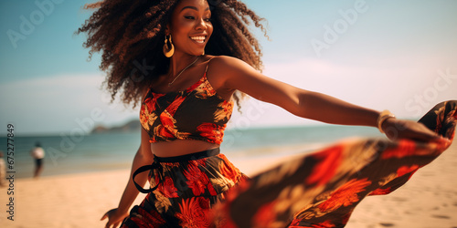 Fototapeta Naklejka Na Ścianę i Meble -  black woman joyfully dancing on beach barefoot in sexy outfit