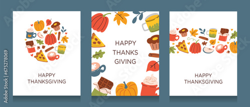 Thanksgiving greeting cards set, autumn compositions with pumpkins, yellow leaves and pies, collection of templates with copy space, vector arrangements with holiday food, poster design