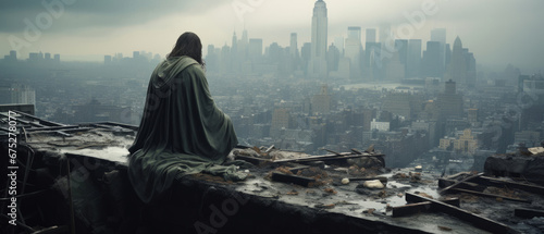 Photo Figure, ruins and city with buildings in destroyed, apocalyptic or bombed urban area