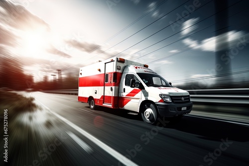 An ambulance racing down the highway. Image with motion blur to give a sense of high speed action and urgency. Great for stories about medical emergencies, disasters, public health and more. 