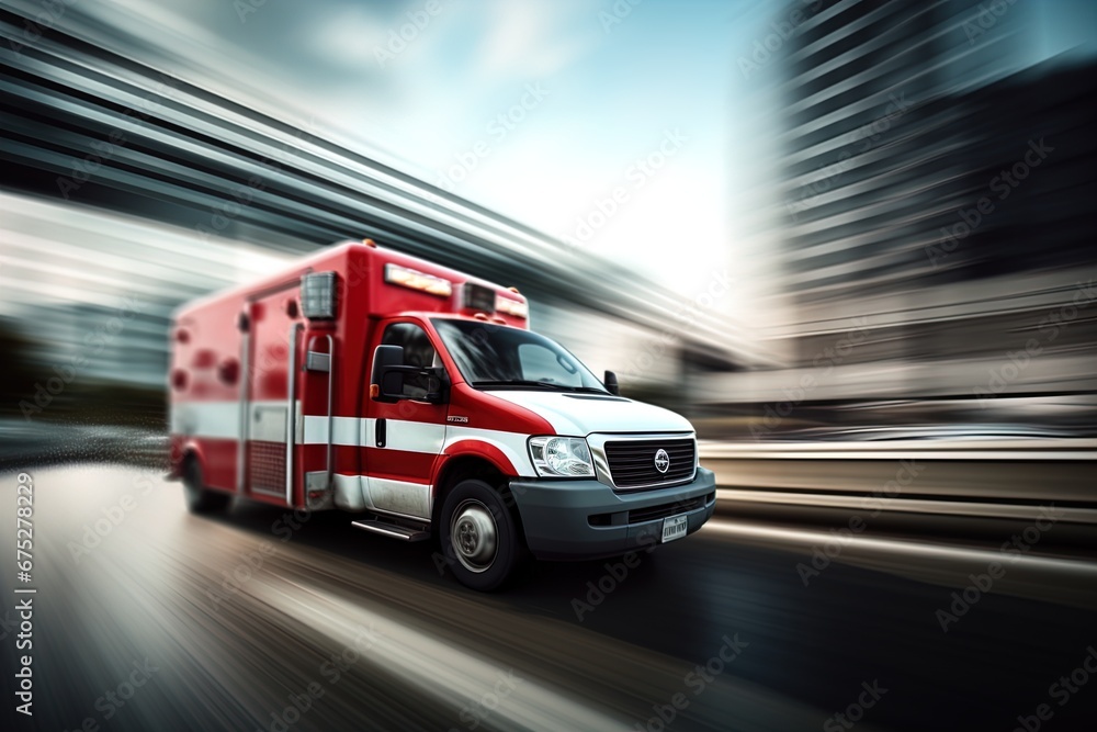 An ambulance racing down the highway. Image with motion blur to give a sense of high speed action and urgency. Great for stories about medical emergencies, disasters, public health and more. An ambulance racing down the highway. Image with motion blur to give a sense of high speed action and urgency. Great for stories about medical emergencies, disasters, public health and more.