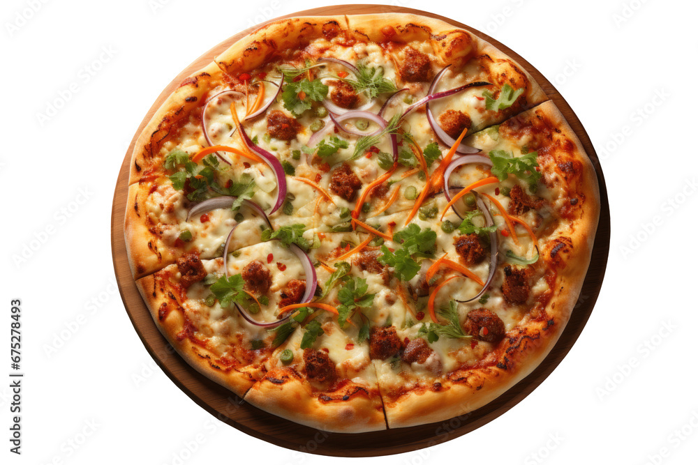 Vegan pizza seen from above on transparent background. Isolated png. Generative AI Vegan pizza seen from above on transparent background. Isolated png. Generative AI