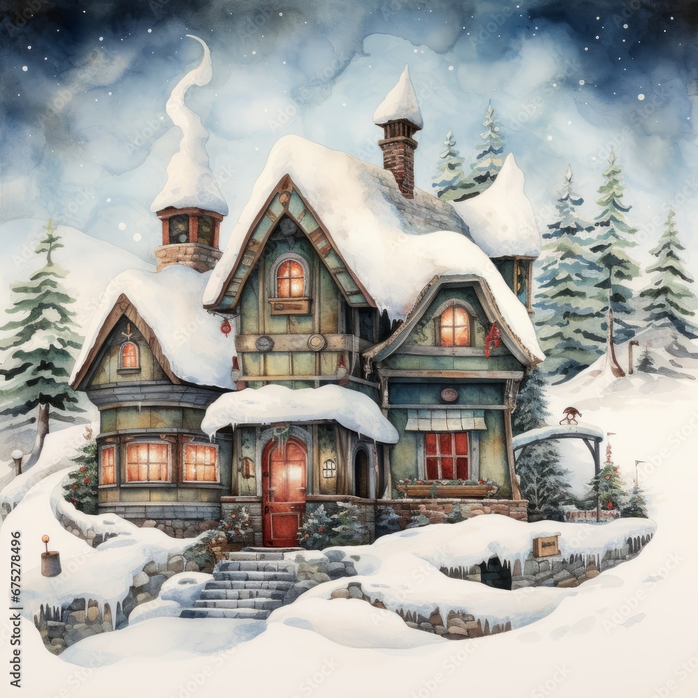 Fototapeta premium An imaginative watercolor depiction of Santa's home at the North Pole, with its magical landscapes and mystical charm.