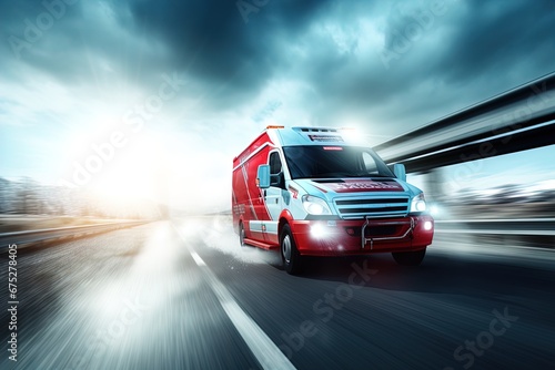 An ambulance racing down the highway. Image with motion blur to give a sense of high speed action and urgency. Great for stories about medical emergencies, disasters, public health and more. 