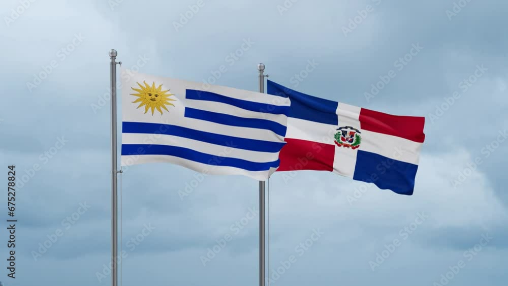 Dominican Republic flag and Uruguay flag waving together on cloudy sky, endless seamless loop, two country relations concept Dominican Republic flag and Uruguay flag waving together on cloudy sky, endless seamless loop, two country relations concept