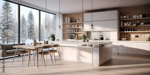 modern kitchen interior with kitchen counter, Modern minimalist kitchen room interior white gloss facades kitchen, Beautiful kitchen in new luxury home with waterfall, generative AI