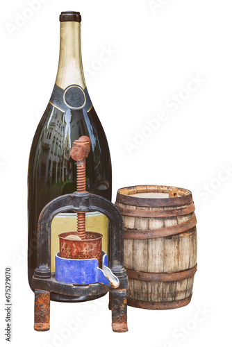 Φωτογραφία Champagne wine bottle with old wine press and wooden barrel