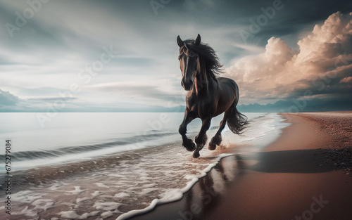 horse running by the sea Seaside beach at sunset © nana